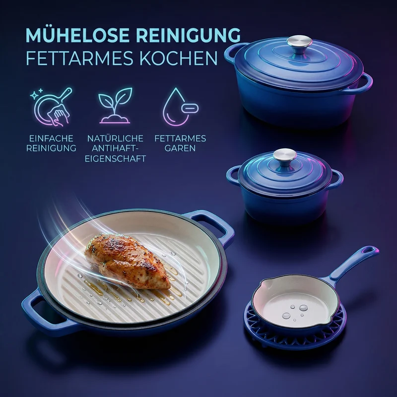 LIVMORE - 9-teiliges Gourmet-Set aus Gusseisen: Topf 20 cm, Dual-Topf 26, ovaler Bräter 28 x 22, Bräter 30 x 21, Pfanne 16, Untersetzer, Rot