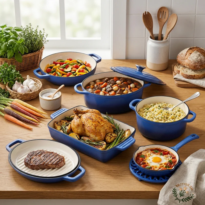LIVMORE - 9-teiliges Gourmet-Set aus Gusseisen: Topf 20 cm, Dual-Topf 26, ovaler Bräter 28 x 22, Bräter 30 x 21, Pfanne 16, Untersetzer, Rot