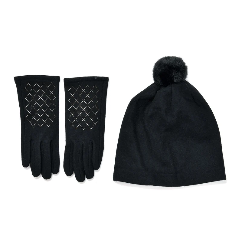 LA MAREY - 2er-Set Elegante Kaschmir Mützen und Handschuhen mit Mikroplüsch Futter, Marineblau