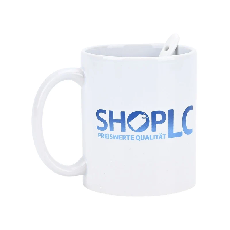 Keramik-Tassen-Set mit Löffel und ShopLC-Logo, 8x9,5 cm (Tasse), 12 cm (Löffel), Weiß