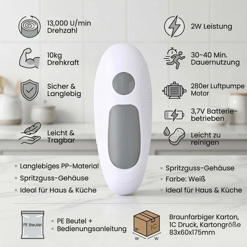 Elektrischer Dosenöffner, 3.7 Volt, kompakt, Weiß